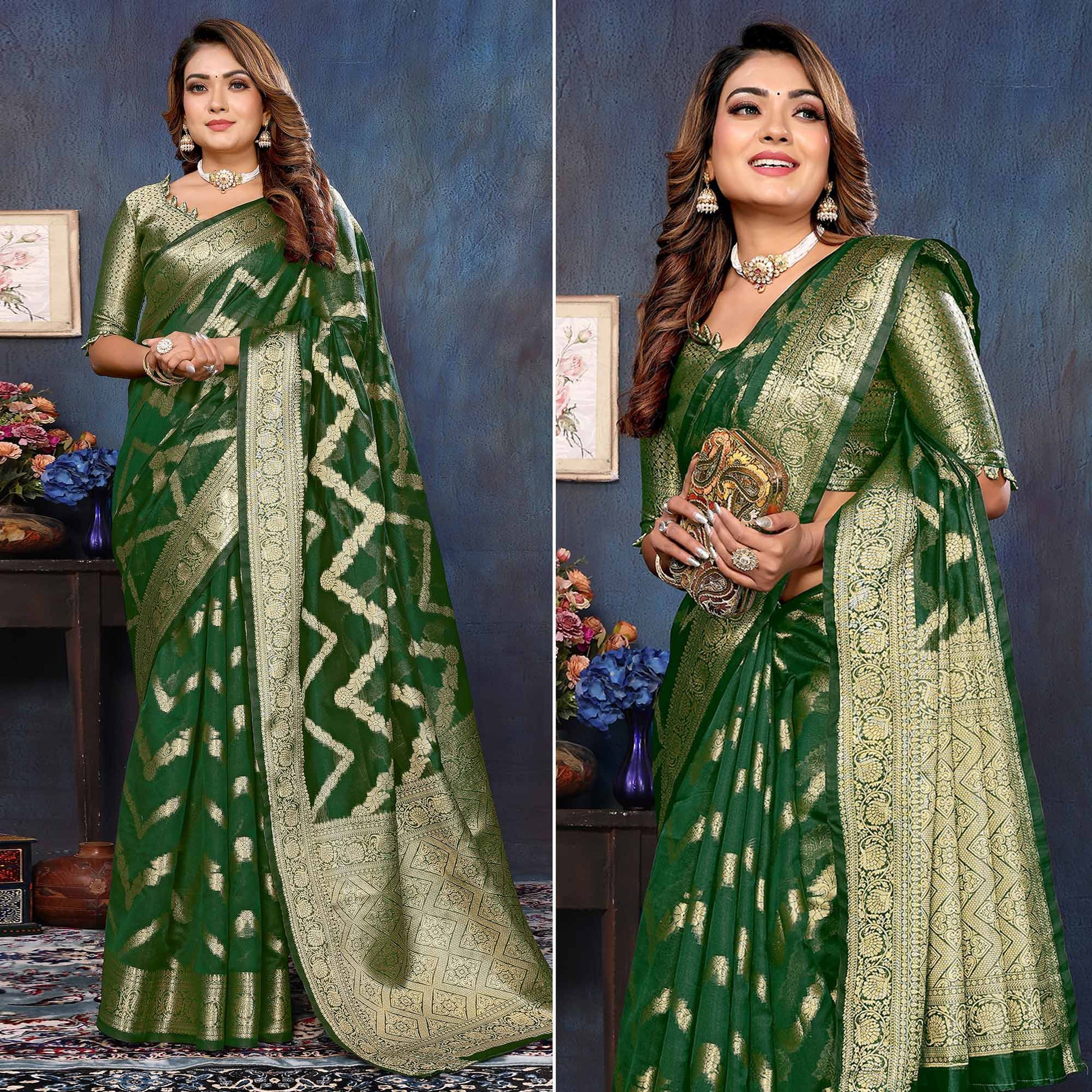Bottle Green Flora Woven Organza Saree
