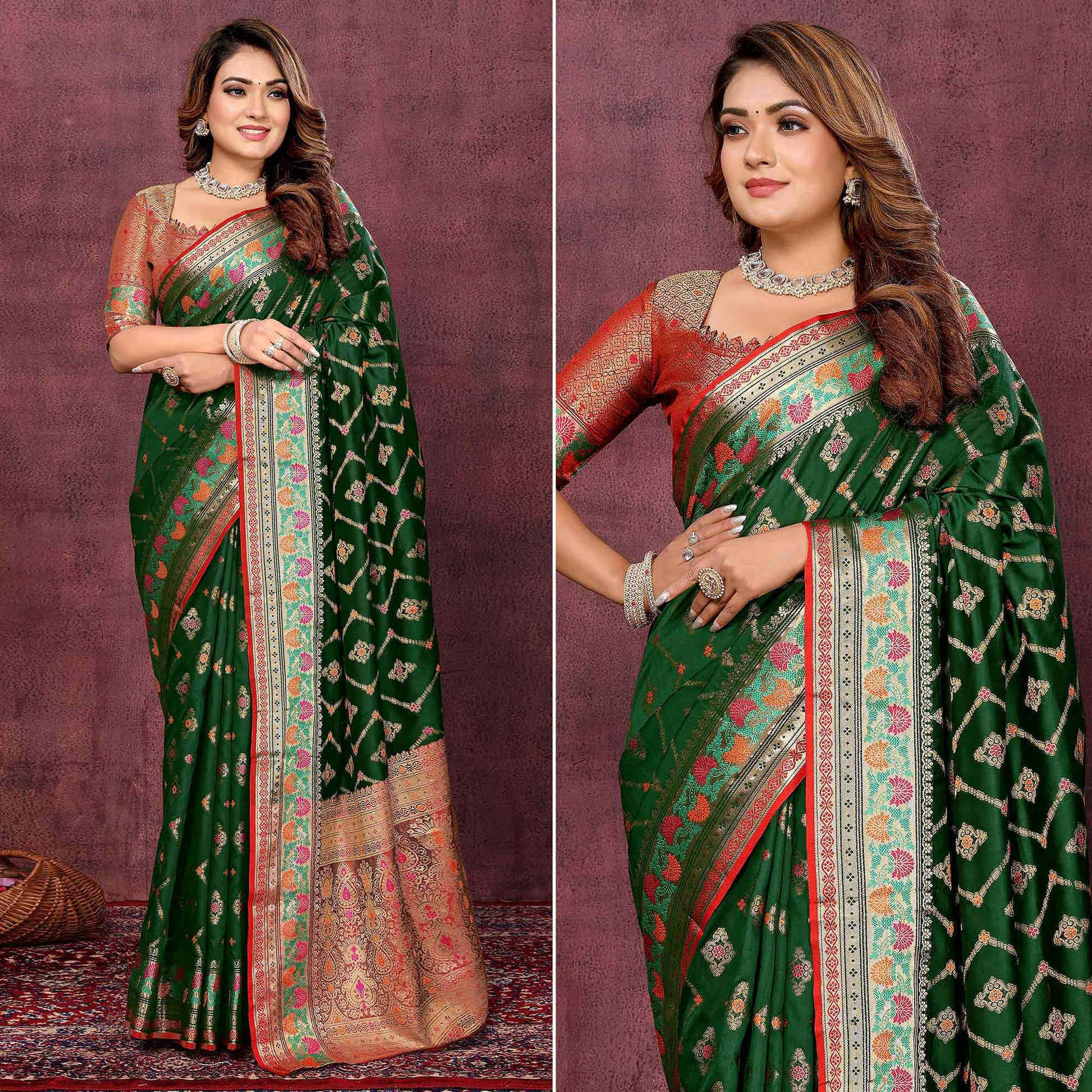 Bottle Green Flora Woven Art Silk Saree