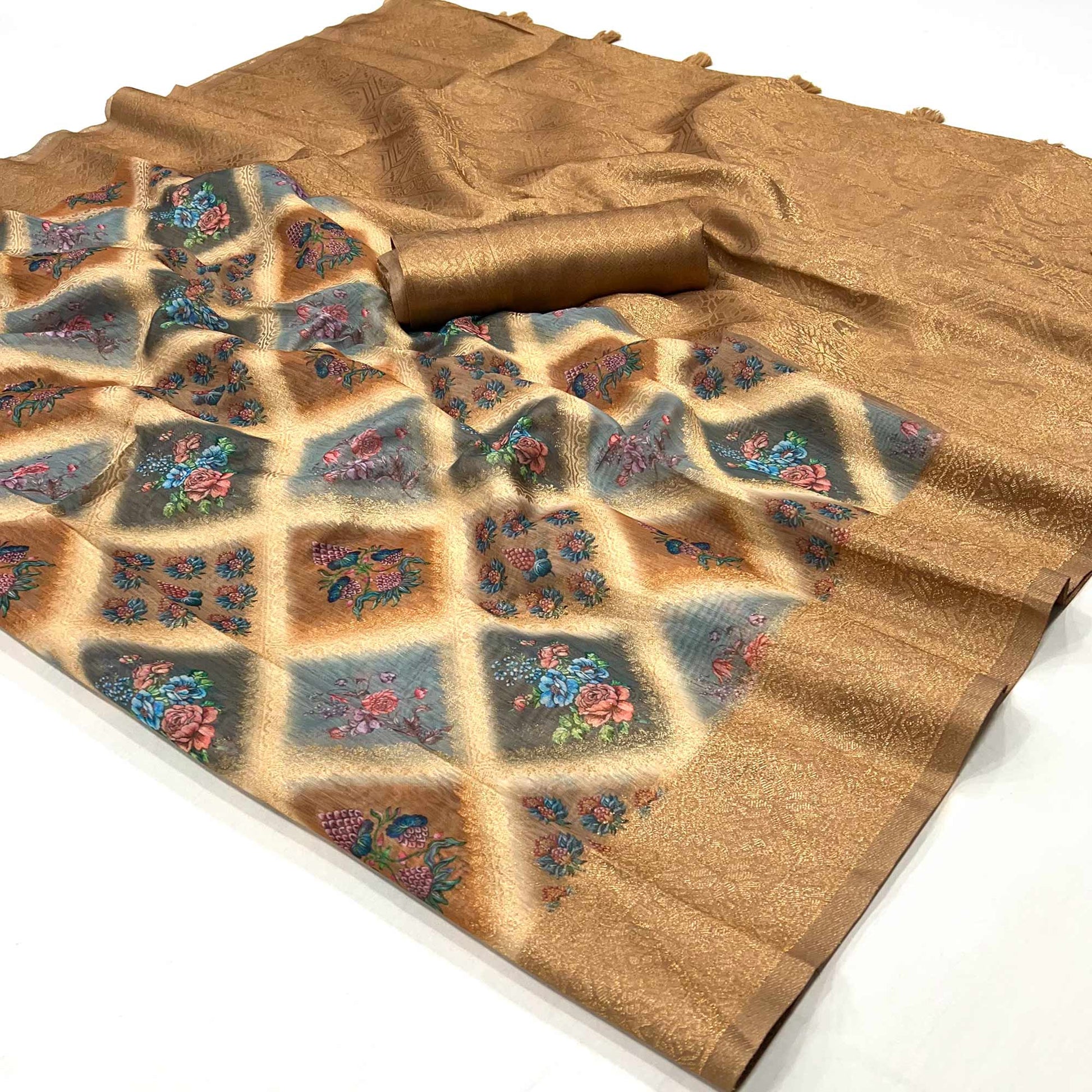 Brown Woven With Floral Digital Printed Cotton Saree