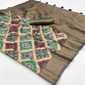 Grey Woven With Floral Digital Printed Cotton Saree