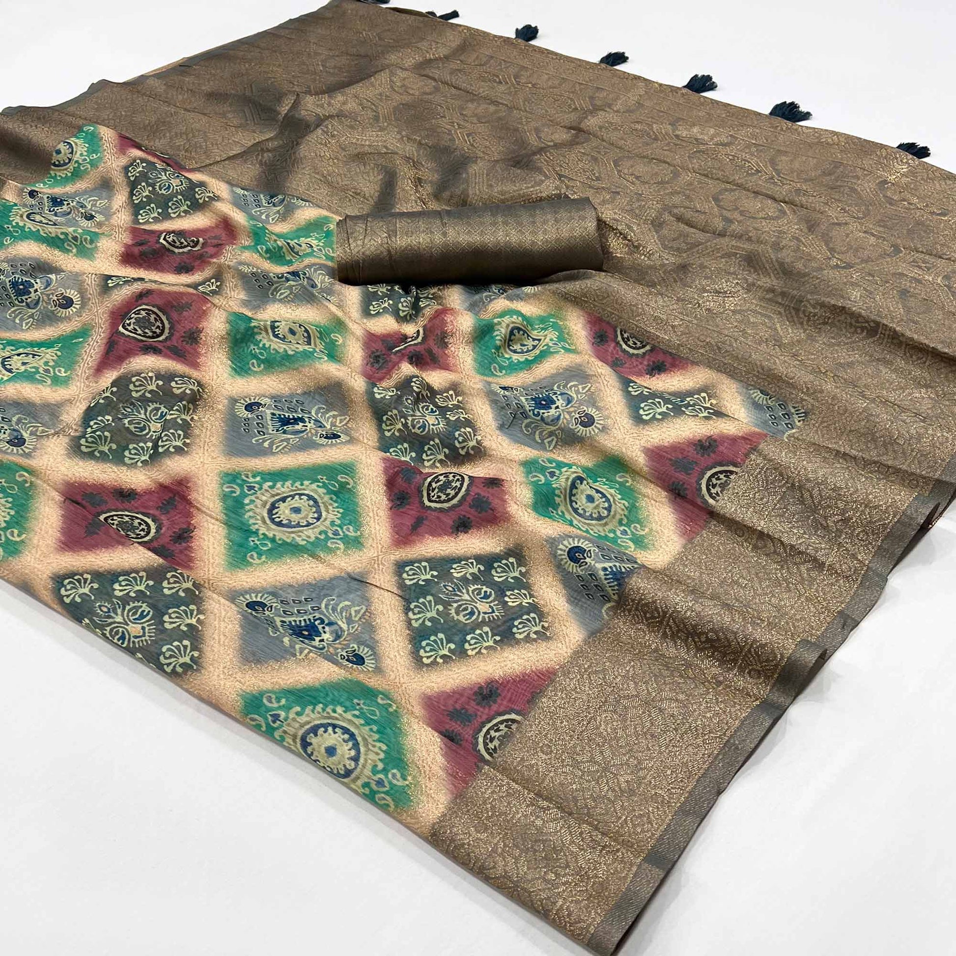 Grey Woven With Floral Digital Printed Cotton Saree