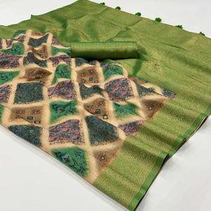 green-woven-with-floral-digital-printed-cotton-saree