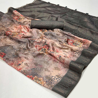 Grey Woven With Digital Printed Art Silk Saree