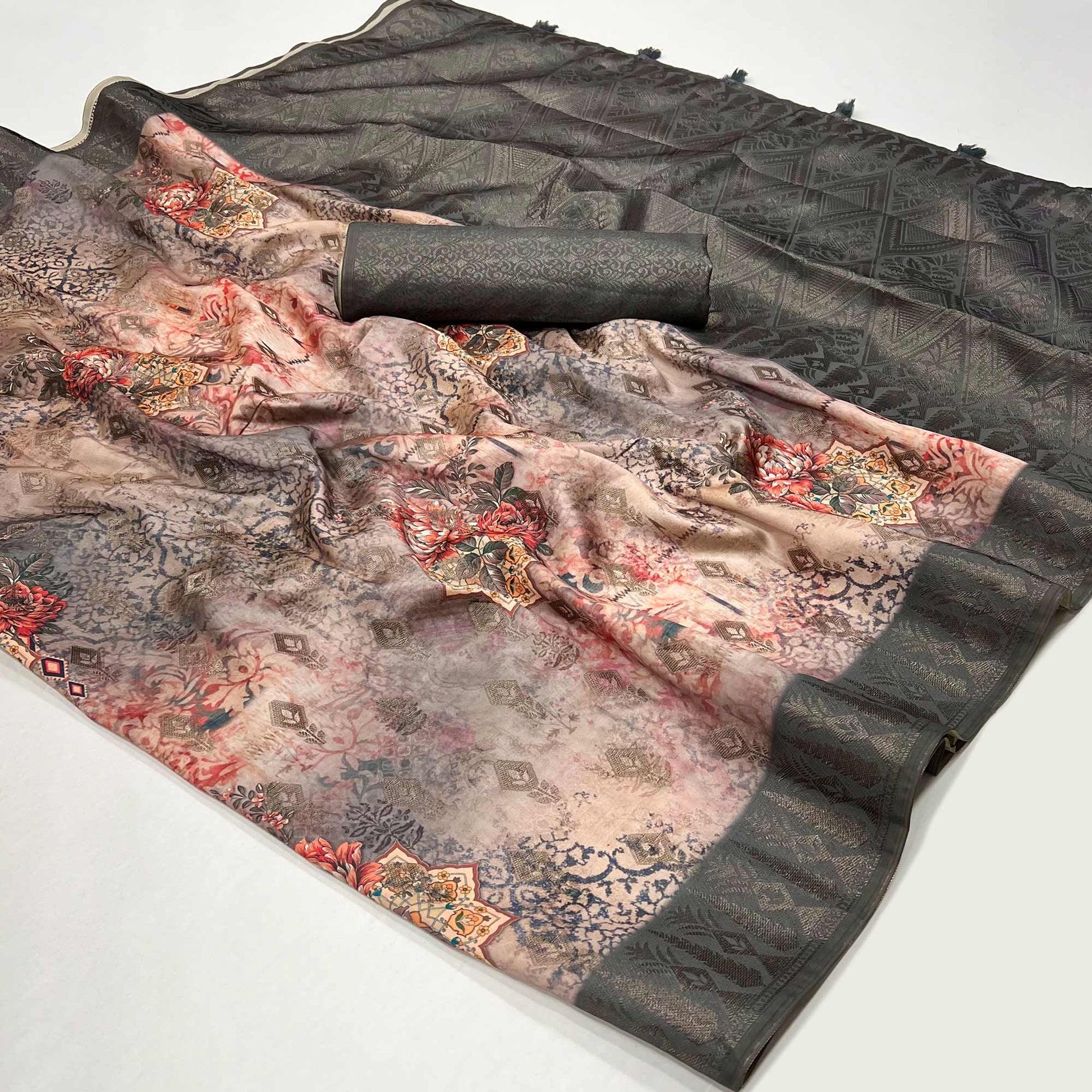 Grey Woven With Digital Printed Art Silk Saree