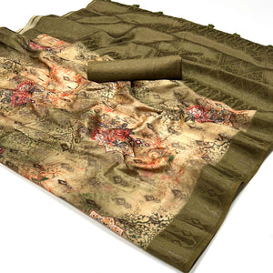 Mehendi Green Woven With Digital Printed Art Silk Saree