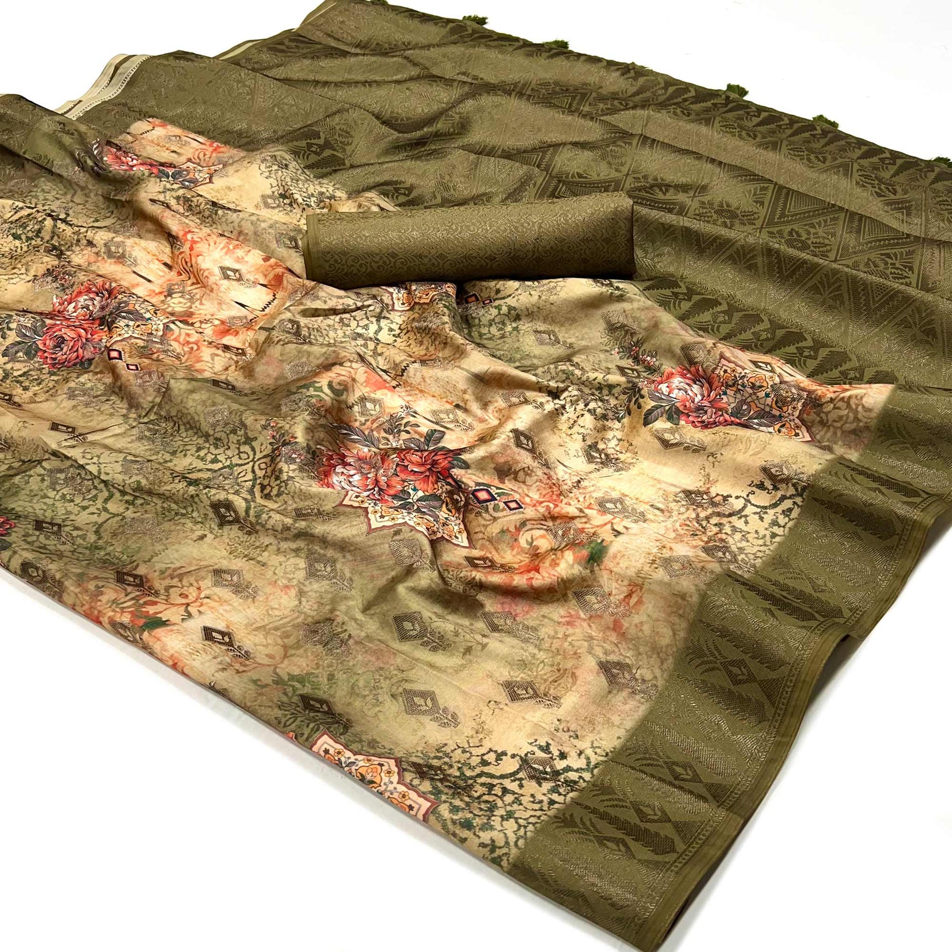 Mehendi Green Woven With Digital Printed Art Silk Saree