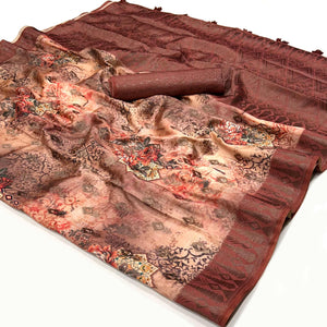 Brick Red Woven With Digital Printed Art Silk Saree