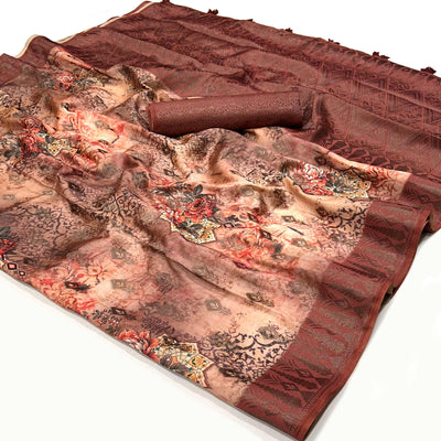 Brick Red Woven With Digital Printed Art Silk Saree