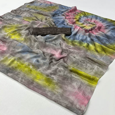 Grey Printed Crepe Silk Saree