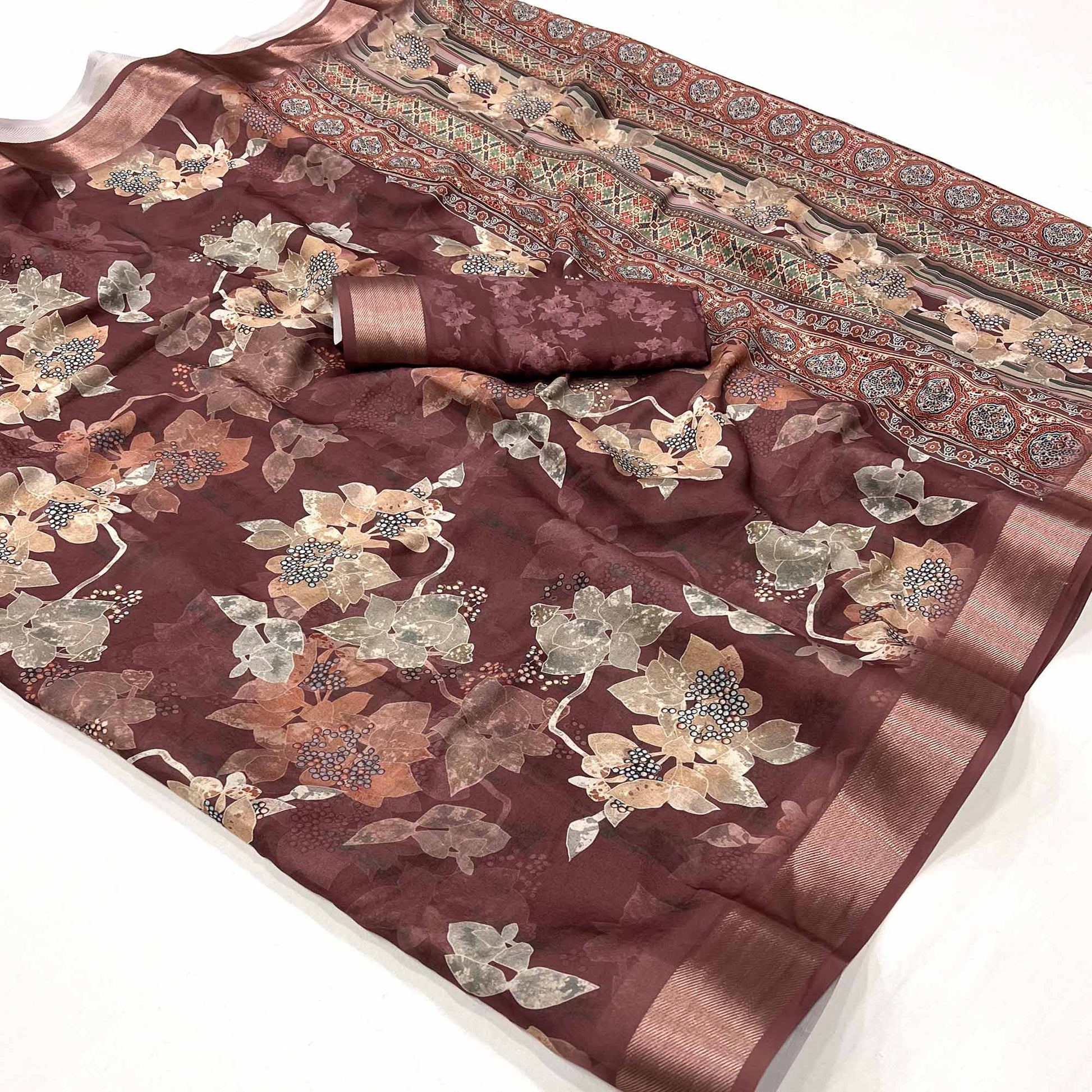Brown Floral Digital Printed Moss Georgette Saree With Zari Border