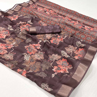 Coffee Brown Floral Digital Printed Moss Georgette Saree With Zari Border