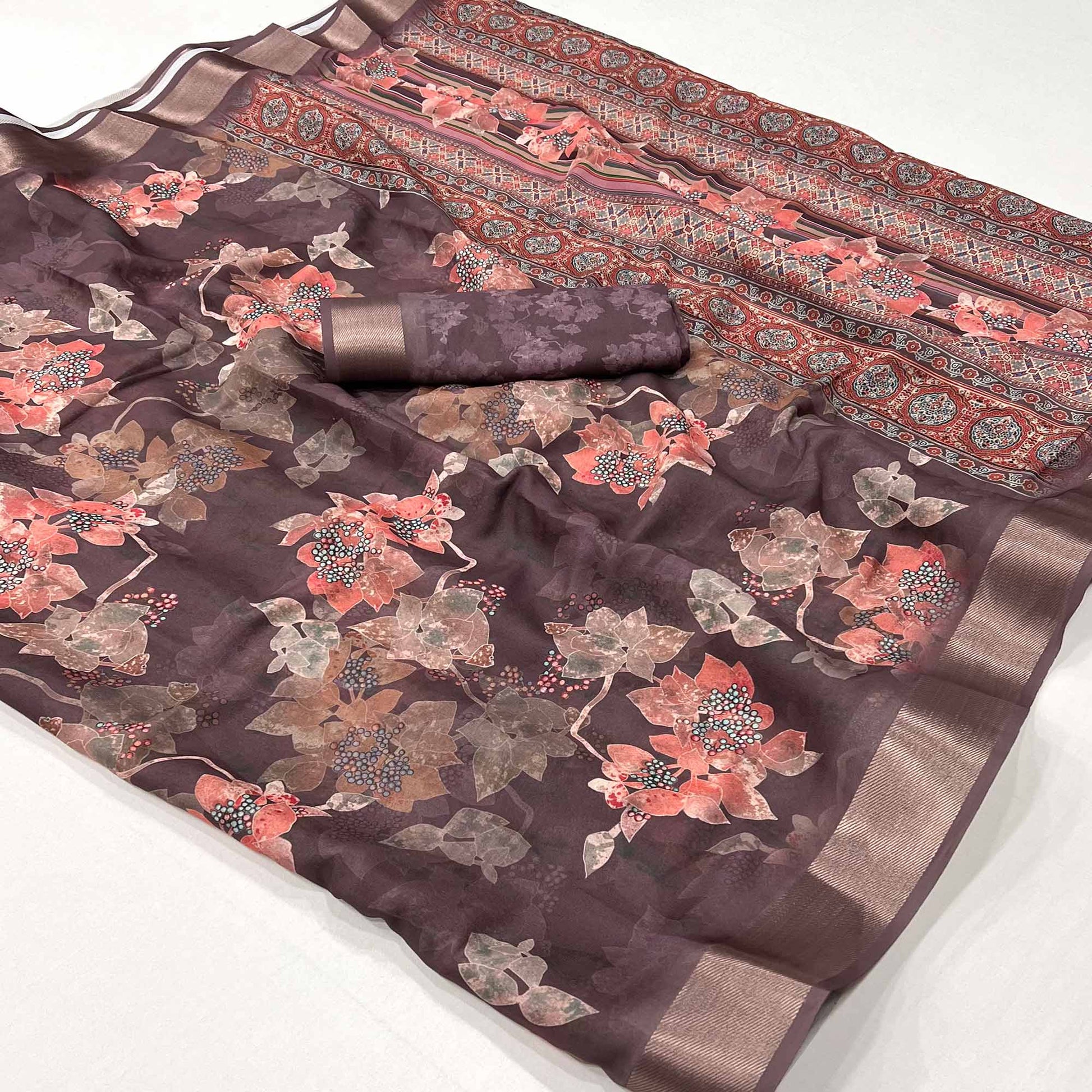 Coffee Brown Floral Digital Printed Moss Georgette Saree With Zari Border