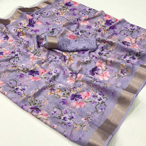 Light Purple Floral Digital Printed Moss Georgette Saree With Zari Border