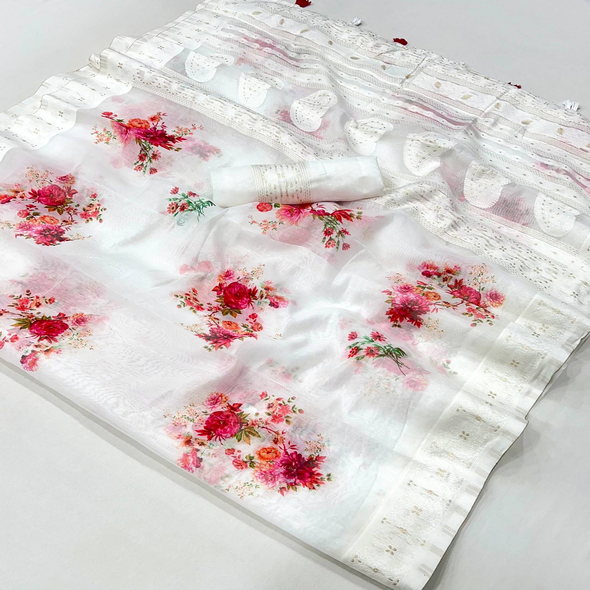 White Woven With Floral Digital Printed Cotton Blend Saree