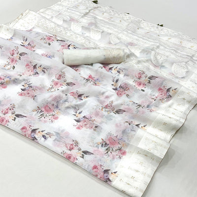 White Woven With Floral Digital Printed Cotton Blend Saree