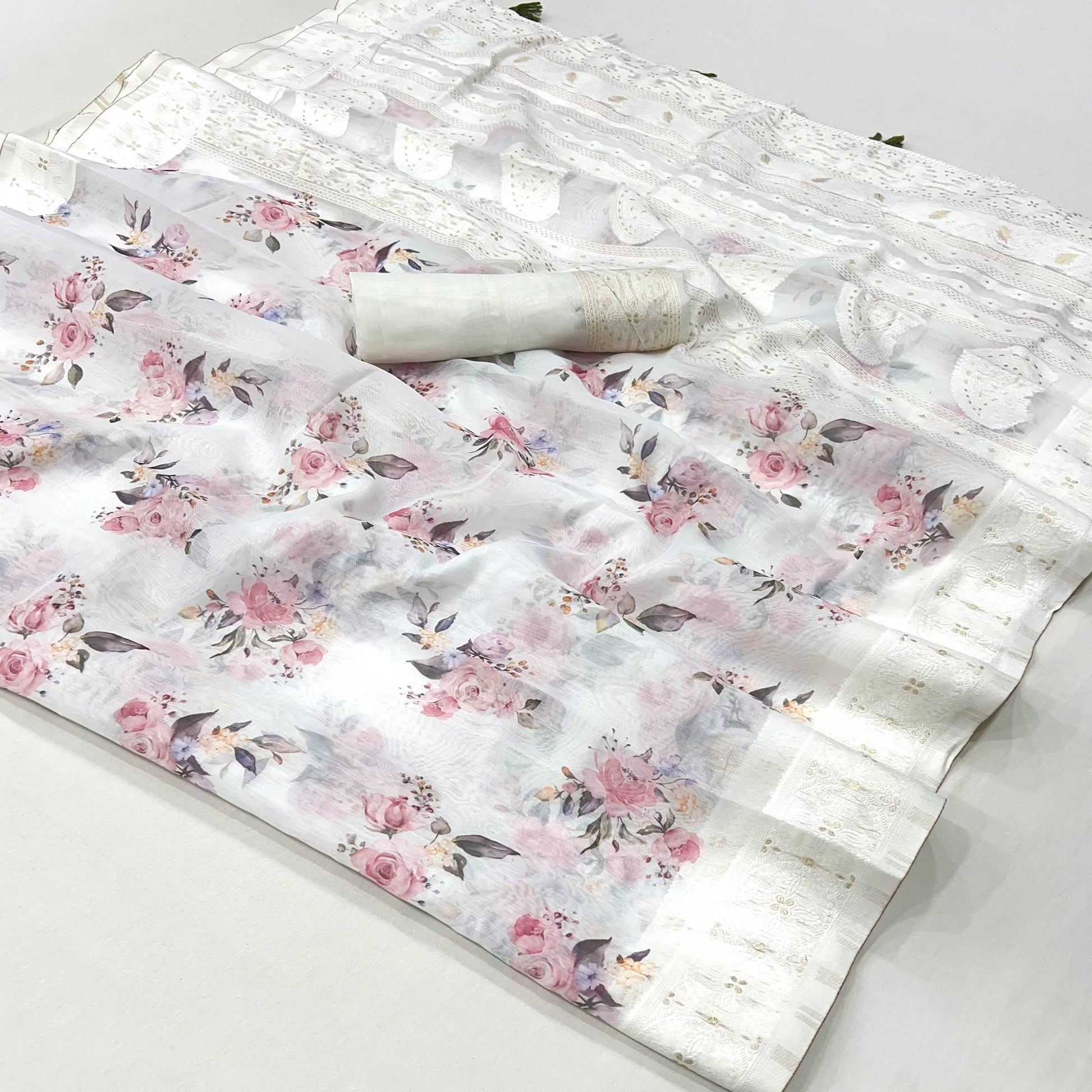 White Woven With Floral Digital Printed Cotton Blend Saree