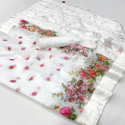 White Woven With Floral Digital Printed Cotton Blend Saree