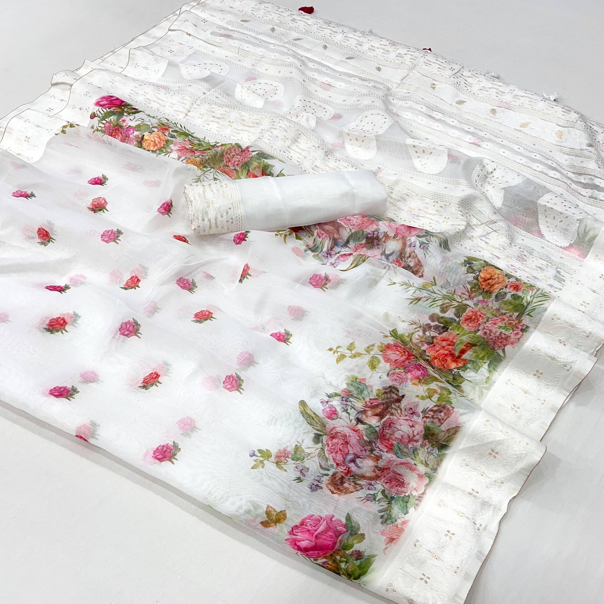 White Woven With Floral Digital Printed Cotton Blend Saree