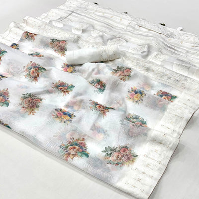 White Woven With Floral Digital Printed Cotton Blend Saree