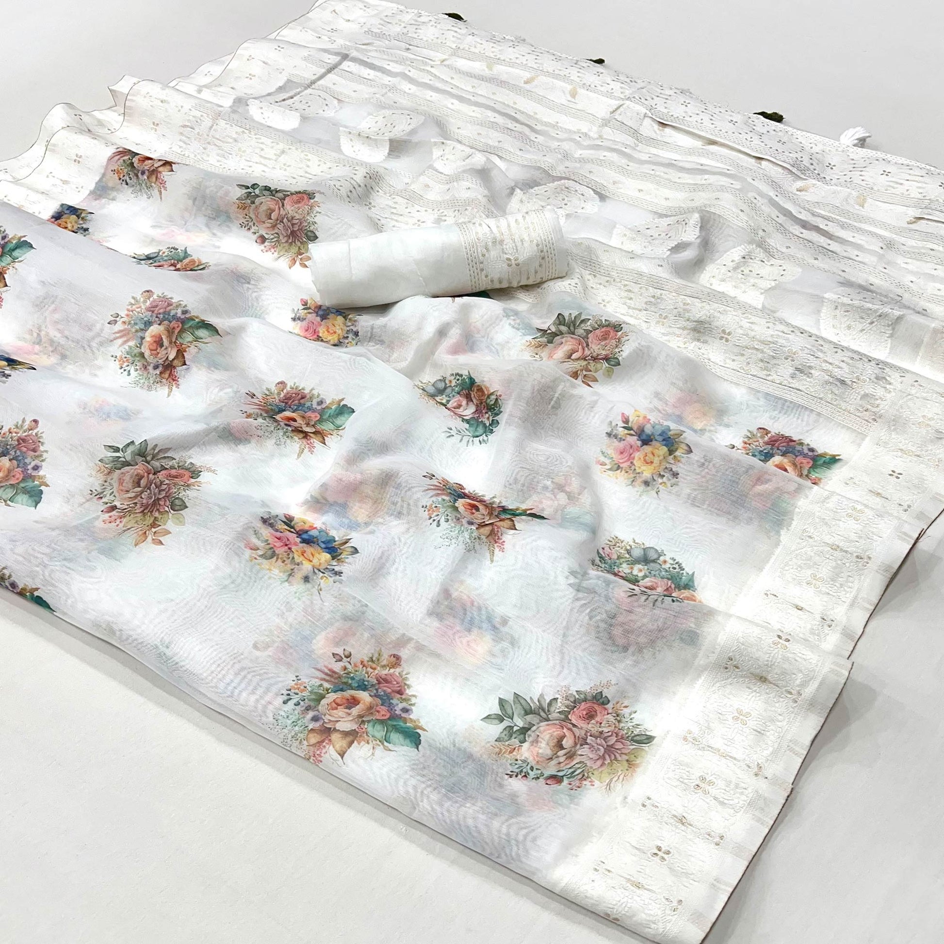 White Woven With Floral Digital Printed Cotton Blend Saree