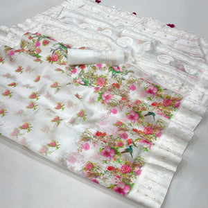 White Woven With Floral Digital Printed Cotton Blend Saree