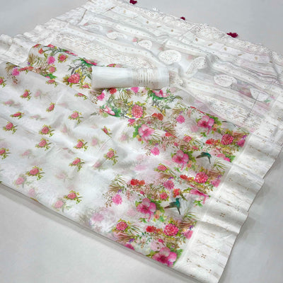 White Woven With Floral Digital Printed Cotton Blend Saree