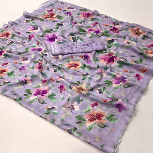 Light Purple Floral Digital Printed Georgette Saree With Stonework Border