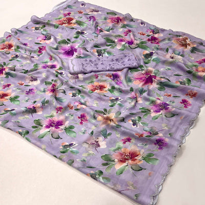 Light Purple Floral Digital Printed Georgette Saree With Stonework Border