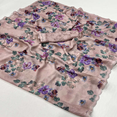Dusty Peach Floral Digital Printed Georgette Saree With Stonework Border