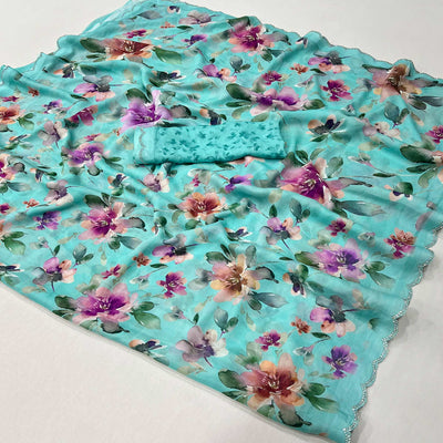 Turquoise Floral Digital Printed Georgette Saree With Stonework Border