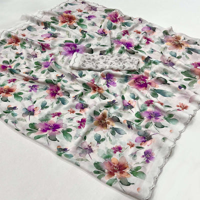 Offwhite Floral Digital Printed Georgette Saree With Stonework Border