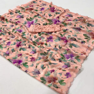 Peach Floral Digital Printed Georgette Saree With Stonework Border