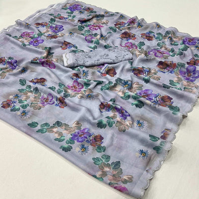 Greyish Blue Floral Digital Printed Georgette Saree With Stonework Border