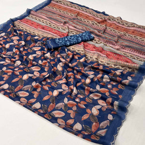 Navy Blue Floral Digital Printed Georgette Saree With Stonework Border