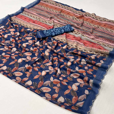 Navy Blue Floral Digital Printed Georgette Saree With Stonework Border