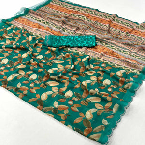 Rama Green Floral Digital Printed Georgette Saree With Stonework Border