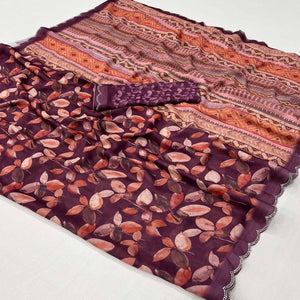 Wine Floral Digital Printed Georgette Saree With Stonework Border