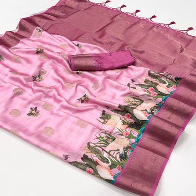 Pink Floral Woven With Digital Printed Satin Saree
