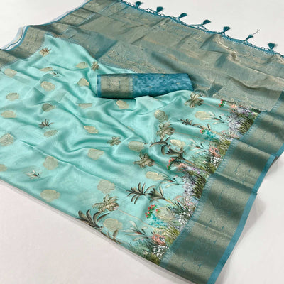 Turquoise Floral Woven With Digital Printed Satin Saree
