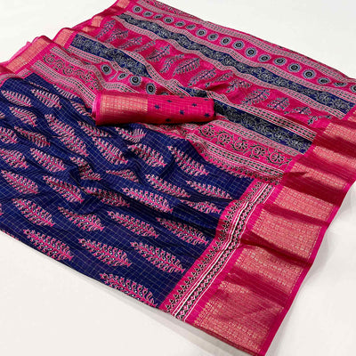 Navy Blue Zari Woven With Printed Dola Silk Saree