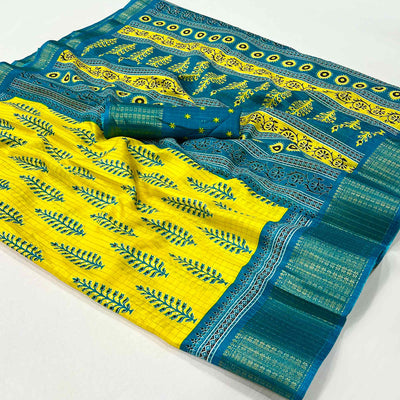 Lemon Yellow Zari Woven With Printed Dola Silk Saree