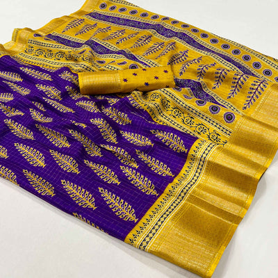 Purple Zari Woven With Printed Dola Silk Saree