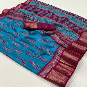 Blue Zari Woven With Printed Dola Silk Saree