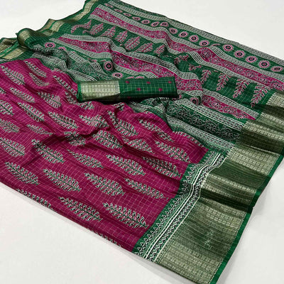 Dark Magenta Zari Woven With Printed Dola Silk Saree