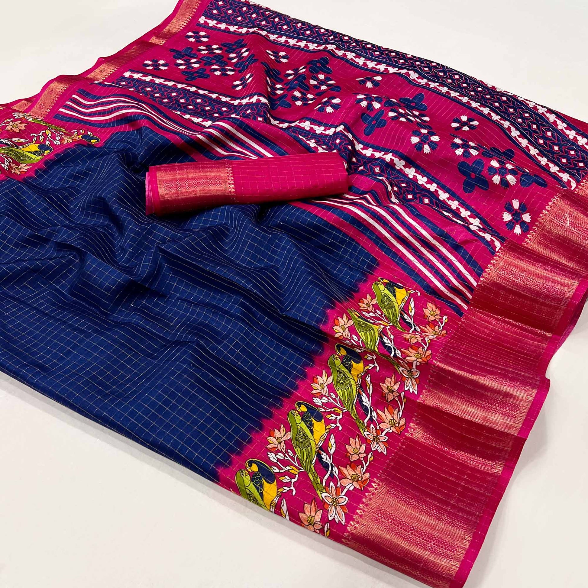 Navy Blue Zari Woven With Printed Dola Silk Saree