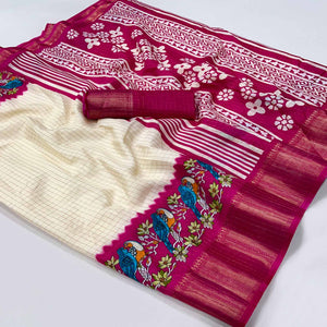 Offwhite Zari Woven With Printed Dola Silk Saree