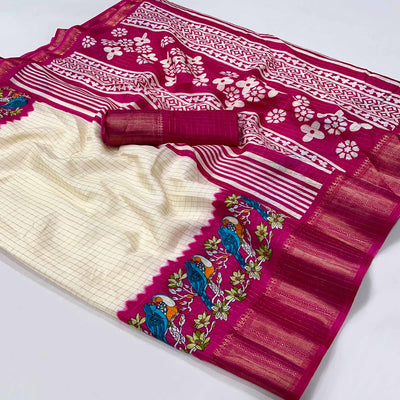 Offwhite Zari Woven With Printed Dola Silk Saree