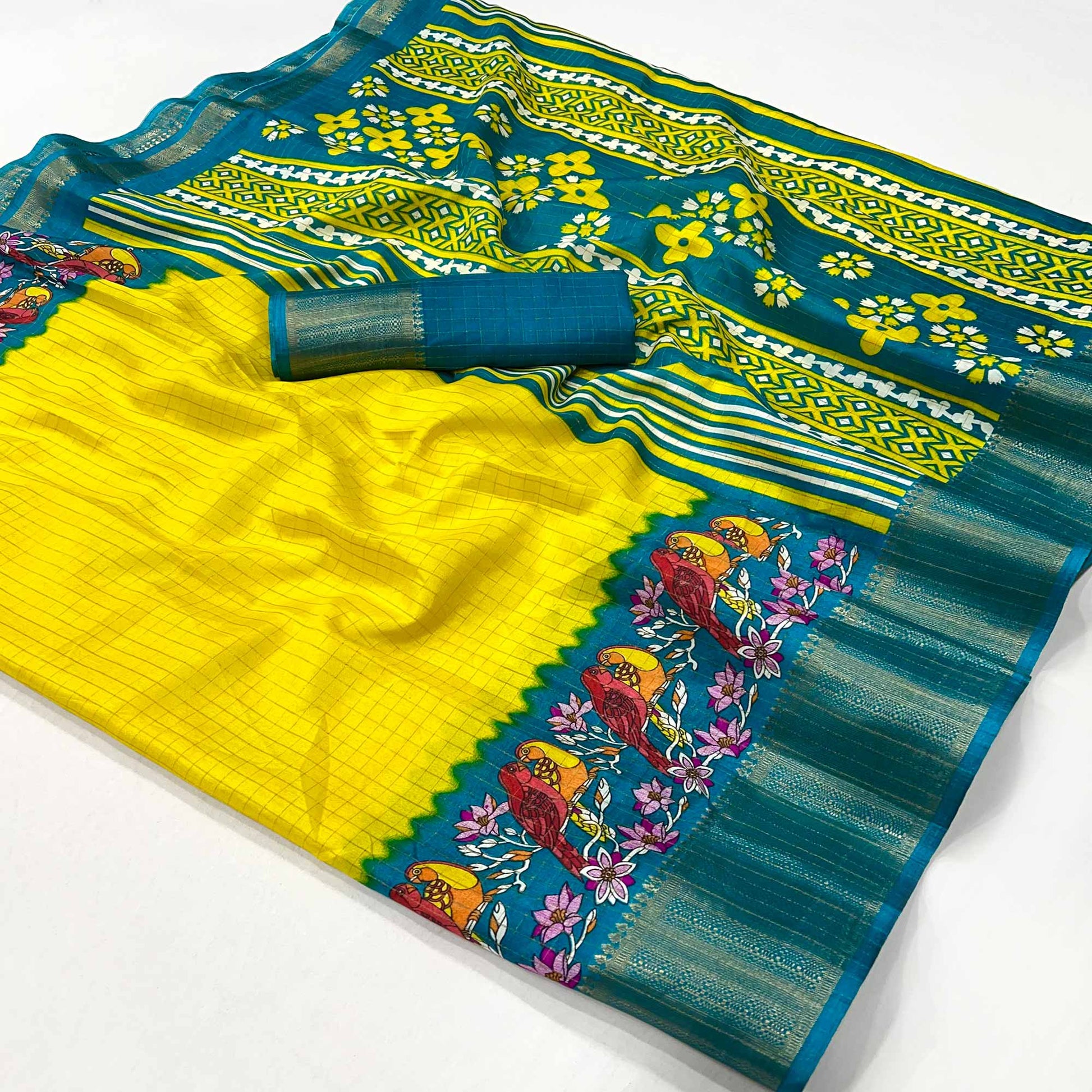 Lemon Yellow Zari Woven With Printed Dola Silk Saree