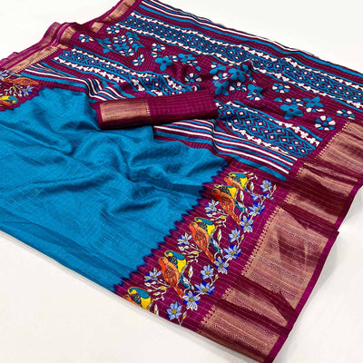 Blue Zari Woven With Printed Dola Silk Saree