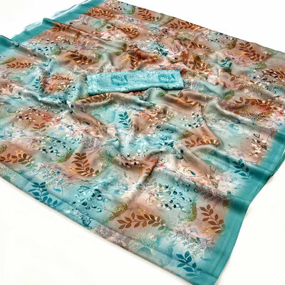 Turquoise Floral Digital Printed Georgette Saree